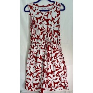 liz claiborne red and white tropical Print Sleeveless Drawstring Pockets Dress M